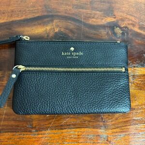 Kate Spade Black Pebbled Leather Small Zip Pouch Wristlet WLRU3048 Gold Hardware